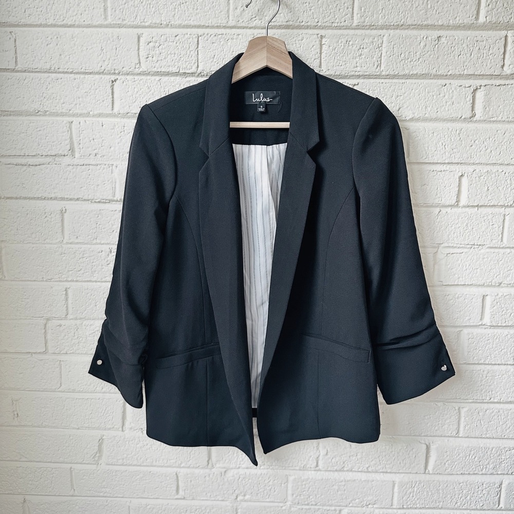 Lulus‎ Newfoundland Black Three-Quarter Sleeve Blazer Small Open Front Pinstripe